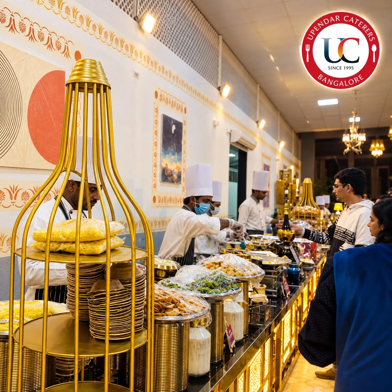 Upendar Caterers staff serving a guest at a decorated buffet with brass serving vessels