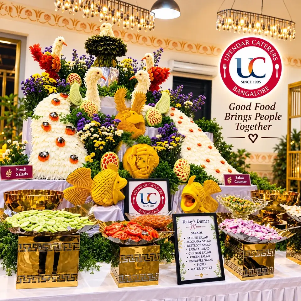 Decorative carved fruit and vegetable display with Upendar Caterers branding