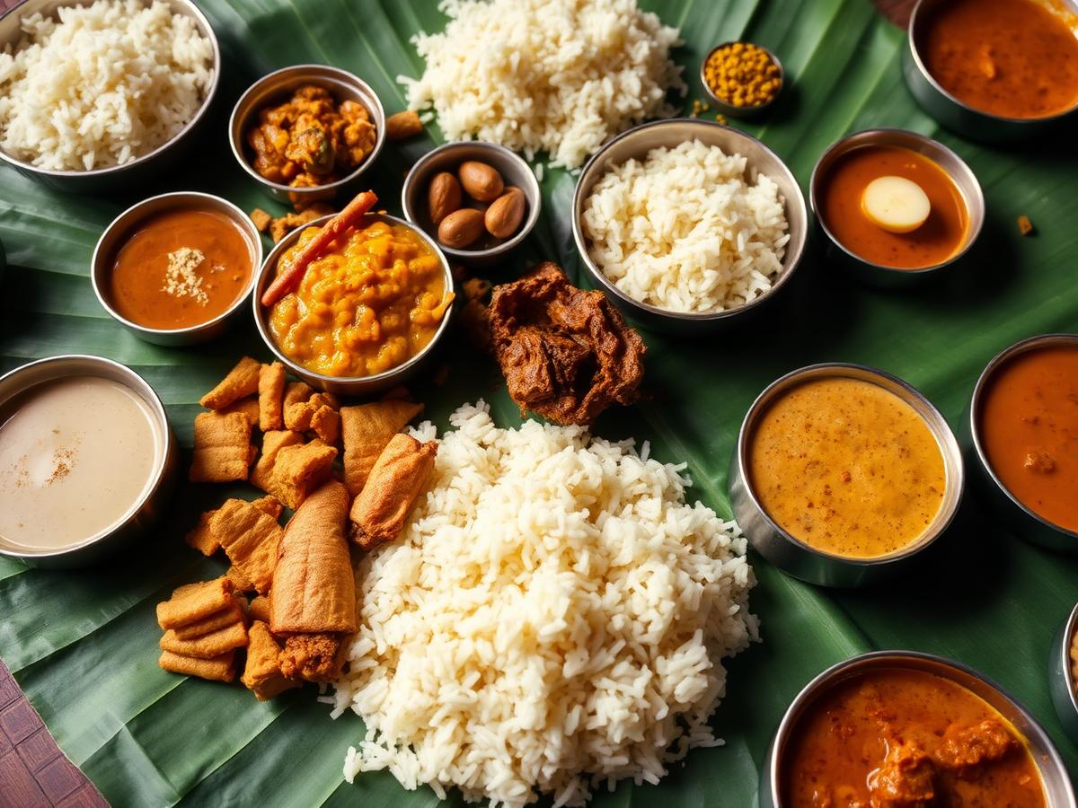 Close-up of a banana leaf meal with rice, curries, fried snacks and payasam