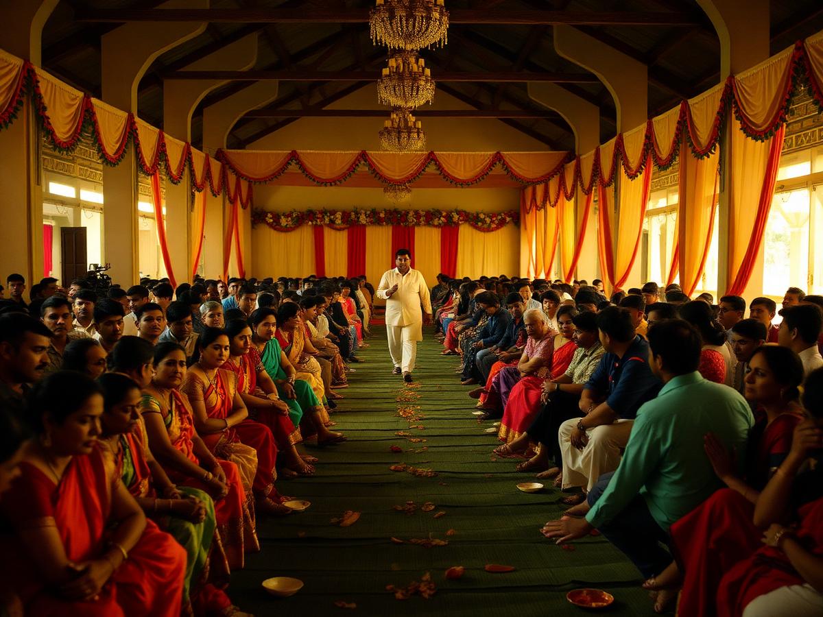 Guests seated for a traditional wedding lunch in a decorated hall