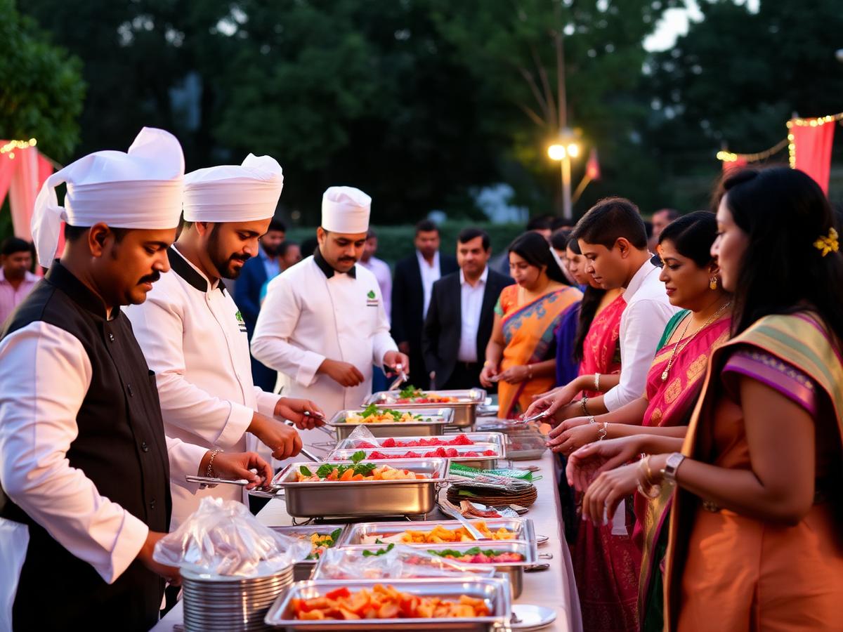 Uniformed catering staff serving guests at an outdoor wedding buffet